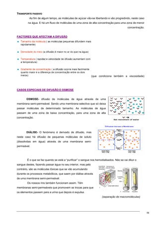 58
T
TR
RA
AN
NS
SP
PO
OR
RT
TE
E P
PA
AS
SS
SI
IV
VO
O
Ao fim de algum tempo, as moléculas de açúcar vão-se libertando e vão progredindo, neste caso
na água. E há um fluxo de moléculas de uma zona de alta concentração para uma zona de menor
concentração.
F
FA
AC
CT
TO
OR
RE
ES
S Q
QU
UE
E A
AF
FE
EC
CT
TA
AM
M A
A D
DI
IF
FU
US
SÃ
ÃO
O
(que condiciona também a viscosidade)
C
CA
AS
SO
OS
S E
ES
SP
PE
EC
CI
IA
AI
IS
S D
DE
E D
DI
IF
FU
US
SÃ
ÃO
O E
E O
OS
SM
MO
OS
SE
E
OSMOSE- difusão de moléculas de água através de uma
membrana semi-permeável. Sendo uma membrana selectiva que só deixa
passar moléculas de determinado tamanho. As moléculas de água
passam de uma zona de baixa concentração, para uma zona de alta
concentração.
DIÁLISE- O fenómeno é derivado de difusão, mas
neste caso há difusão de pequenas moléculas de soluto
(dissolvidas em água) através de uma membrana semi-
permeável.
É o que se faz quando se está a “purificar” o sangue nos hemodialisados. Não se vai diluir o
sangue destes, fazendo passar água no seu interior, mas pelo
contrário, são as moléculas tóxicas que se vão acumulando
durante os processos metabólicos, que saem por diálise através
de uma membrana semi-permeável.
Os nossos rins também funcionam assim. Têm
membranas semi-permeáveis que promovem as trocas para que
os elementos passem para a urina que depois é expulsa.
(separação de macromoléculas)
 