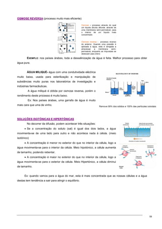 59
O
OS
SM
MO
OS
SE
E R
RE
EV
VE
ER
RS
SA
A (processo muito mais eficiente)
EXEMPLO: nos países árabes, toda a dessalinização da água é feita. Melhor processo para obter
água pura.
ÁGUA MILIQUÉ- água com uma condutividade eléctrica
muito baixa, usada para esterilização e manipulação de
substâncias muito puras nos laboratórios de investigação e
indústrias farmacêuticas.
A água miliqué é obtida por osmose reversa, porém o
rendimento deste processo é muito baixo.
Ex: Nos países árabes, uma garrafa de água é muito
mais cara que uma de vinho.
S
SO
OL
LU
UÇ
ÇÕ
ÕE
ES
S I
IS
SO
OT
TÓ
ÓN
NI
IC
CA
AS
S E
E H
HI
IP
PE
ER
RT
TÓ
ÓN
NI
IC
CA
AS
S
No decorrer da difusão, podem acontecer três situações:
• Se a concentração do soluto (sal) é igual dos dois lados, a água
movimenta-se de uma lado para outro e não acontece nada à célula. (meio
isotónico)
• A concentração é menor no exterior do que no interior da célula, logo a
água movimenta-se para o interior da célula. Meio hipotónico, a célula aumenta
de tamanho, podendo rebentar.
• A concentração é maior no exterior do que no interior da célula, logo a
água movimenta-se para o exterior da célula. Meio Hipertónico, a célula diminui
de tamanho.
Ex: quando vamos para a água do mar, esta é mais concentrada que as nossas células e a água
destas tem tendência a sair para atingir o equilíbrio.
 