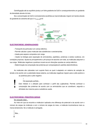 82
!
Centrifugação até ao equilíbrio produz um forte gradiente de CsCl e consequentemente um gradiente
de densidade através do tubo.
Se a concentração de CsCl é correctamente escolhida as macromoléculas migram em banda através
do gradiente do solvente até que (1-υmoléculaρ)=0
E
EL
LE
EC
CT
TR
RO
OF
FO
OR
RE
ES
SE
E:
: G
GE
EN
NE
ER
RA
AL
LI
ID
DA
AD
DE
ES
S
- Transporte de partículas num campo eléctrico.
- Permite calcular o peso molecular das substâncias e caracterizá-las.
- Usada para separar compostos com carga.
- Usada na biologia para separação de aminoácidos, peptídeos, proteínas e ácidos nucleicos, em
condições propícias. Ajusta-se principalmente o pH porque de eacordo com este, as moléculas adquirem a
sua carga. Moléculas negativas e positivas movem-se em direcções opostas ao campo eléctrico.
- Determinação da composição das proteínas por comparaçãocom padrões electroforéticos.
As moléculas são colocadas num suporte físico ao qual é adaptado um sistema de variação de
tensão e de acordo com a polaridade desse sistema, as moléculas negativas migram para o pólo positivo e
as positivas para o pólo negativo.
↓
Há separação perfeita…
Este método é o utilizado para conhecer o perfil das γ-globulinas. Permite conhecer a
composição das proteínas de acordo com os aminoácidos que as constituem, segundo a
afinidade dos mesmos para a substância usada.
E
EL
LE
EC
CT
TR
RO
OF
FO
OR
RE
ES
SE
E:
: P
PR
RI
IN
NC
CÍ
ÍP
PI
IO
OS
S G
GE
ER
RA
AI
IS
S
Em situação ideal…
Ao meio em que se encontra a molécula é aplicada uma diferença de potencial e de acordo com o
número de cargas da molécula e com o número de cargas do meio, a molécula movimenta-se mais ou
menos lentamente. Só a molécula é carregada.
Mas…
 