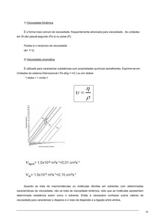 93
1) Viscosidade Dinâmica
É a forma mais comum de viscosidade, frequentemente abreviada para viscosidade . As unidades
em SI são pascal.segundo (Pa s) ou poise (P).
Fluidez é o recíproco da viscosidade
(φ= 1/ η)
2) Viscosidade cinemática
É utilizada para caracterizar substâncias com propriedades químicas semelhantes. Exprime-se em
Unidades do sistema Internacional ( Pa sKg-1 m3 ) ou em stokes
1 stoke = 1 cm2s-1
Quando se trata de macromoléculas ou moléculas diluídas em solventes com determinadas
características de viscosidade, não se trata de viscosidade dinâmica, visto que as moléculas apresentam
determinada resistência assim como o solvente. Então é necessário conhecer outros valores de
viscosidade para caracterizar o disperso e o meio de dispersão e a ligação entre ambos.
 