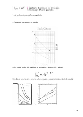 98
v está tabelado consoante a forma da partícula.
2.Viscosidade  temperatura ou pressão
Para Líquidos: diminui com o aumento da temperatura e aumenta com a pressão.
Para Gases: aumenta com o aumento de temperatura e é praticamente independente da pressão.
 