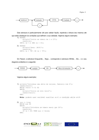 Página 8




            REPEAT                  instrução        UNTIL            Condição        ;


                                         ;



       Esta estrutura é particularmente útil para validar inputs, repetindo a leitura dos mesmos até
que estes obedeçam às condições que definem a sua validade. Vejamos alguns exemplos:
       1) REPEAT
             writeln(’Insira um número de 1 a 15’);
             readln(x);
          UNTIL (x < 1) AND (x > 15);

       2) REPEAT
             writeln(’Sexo: [M/F]’);
             readln(x);
          UNTIL (x = ‘M’) OR (x = ‘F’);




       Em Pascal, a estrutura Enquanto… faça… corresponde à estrutura While… Do… e o seu
diagrama sintáctico é o seguinte:


           WHILE           condição             DO            Bloco de instruções         ;



       Vejamos alguns exemplos:



       1) writeln(‘Introduza uma série de valores. Temine-a com 0’);
          readln(valor);
          WHILE (valor <> 0) DO
          BEGIN
             writeln(’Insira um novo valor’);
             readln(valor);
          END;
           Nota: poderá usar variável auxiliar x:=1 e condição while x<>0


       2) aux := true;
          WHILE aux DO
          BEGIN
             writeln(’Introduza um número menor que 20’);
             readln(x);
             IF (x > 20) THEN aux := false;
          END;
 