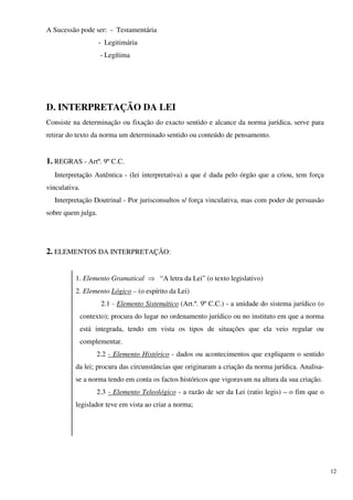 A Sucessão pode ser: - Testamentária
                     - Legitimária
                     - Legítima




D. INTERPRETAÇÃO DA LEI
Consiste na determinação ou fixação do exacto sentido e alcance da norma jurídica, serve para
retirar do texto da norma um determinado sentido ou conteúdo de pensamento.


1. REGRAS - Artº. 9º C.C.
  Interpretação Autêntica - (lei interpretativa) a que é dada pelo órgão que a criou, tem força
vinculativa.
  Interpretação Doutrinal - Por jurisconsultos s/ força vinculativa, mas com poder de persuasão
sobre quem julga.




2. ELEMENTOS DA INTERPRETAÇÃO:


          1. Elemento Gramatical ⇒ “A letra da Lei” (o texto legislativo)
          2. Elemento Lógico – (o espírito da Lei)
                      2.1 - Elemento Sistemático (Art.º. 9º C.C.) - a unidade do sistema jurídico (o
               contexto); procura do lugar no ordenamento jurídico ou no instituto em que a norma
               está integrada, tendo em vista os tipos de situações que ela veio regular ou
               complementar.
                    2.2 - Elemento Histórico - dados ou acontecimentos que expliquem o sentido
          da lei; procura das circunstâncias que originaram a criação da norma jurídica. Analisa-
          se a norma tendo em conta os factos históricos que vigoravam na altura da sua criação.
                    2.3 - Elemento Teleológico - a razão de ser da Lei (ratio legis) – o fim que o
          legislador teve em vista ao criar a norma;




                                                                                                       12
 