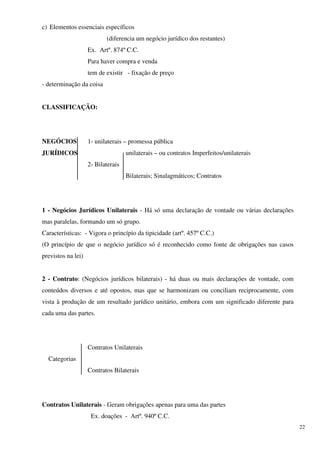 c) Elementos essenciais específicos
                           (diferencia um negócio jurídico dos restantes)
                    Ex. Artº. 874º C.C.
                    Para haver compra e venda
                    tem de existir - fixação de preço
- determinação da coisa


CLASSIFICAÇÃO:




NEGÓCIOS            1- unilaterais – promessa pública
JURÍDICOS                           unilaterais – ou contratos Imperfeitos/unilaterais
                    2- Bilaterais
                                    Bilaterais; Sinalagmáticos; Contratos




1 - Negócios Jurídicos Unilaterais - Há só uma declaração de vontade ou várias declarações
mas paralelas, formando um só grupo.
Características: - Vigora o princípio da tipicidade (artº. 457º C.C.)
(O princípio de que o negócio jurídico só é reconhecido como fonte de obrigações nas casos
previstos na lei)


2 - Contrato: (Negócios jurídicos bilaterais) - há duas ou mais declarações de vontade, com
conteúdos diversos e até opostos, mas que se harmonizam ou conciliam reciprocamente, com
vista à produção de um resultado jurídico unitário, embora com um significado diferente para
cada uma das partes.




                    Contratos Unilaterais
  Categorias
                    Contratos Bilaterais




Contratos Unilaterais - Geram obrigações apenas para uma das partes
                     Ex. doações - Artº. 940º C.C.
                                                                                               22
 