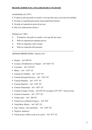 REGIME JURIDICO DA ANULABILIDADE E NULIDADE:


Anulabilidade (art.º 287º):
1. É suprível, pelo que pode ser sanado o vício que deu causa a este tipo de invalidade.
2. Só pode ser requerida pelas partes interessadas/intervenientes.
3. Só pode ser requerida no prazo de um ano.
4. Não é de conhecimento oficioso.


Nulidade (art.º 286º):
1.    É insuprível, não pode ser sanado o vício que lhe deu causa.
2.    Pode ser requerida por qualquer pessoa.
3.    Pode ser requerida a todo o tempo.
4.    Pode ser conhecida oficiosamente.
__________________________________________________________________
ARTIGOS IMPORTANTES – Direito Civil


• Doação - Artº 940º CC
• Locação, Arrendamento ou Aluguer - Artº 1022º CC
• Comodato - Artº 1129º CC
• Mútuo - Artº. 1142º CC
• Contrato de Trabalho - Artº 1152º CC
• Contrato Prestação Serviços - Artº 1154º CC
• Contrato Mandato - Artº 1157º CC
• Contrato Depósito - Artº 1185º CC
• Contrato Empreitada - Artº 1207º CC
• Contrato Compra e Venda - Artº 874º CC (excepção 219º / 875º - forma escrita)
• Contrato Casamento - Artº 1577º CC
• Vendas nulas - Artº. 286º CC
• Venda Coisa ou Direito Litigioso - Artº 876º
• Venda Bens Alheios - Artº 892º CC
• Jogo / Aposta - não é permitido - Artº 1245º CC
• Negócios Anuláveis
• Venda de pais a filhos ou de avós a netos - Artº 877º CC



                                                                                           27
 