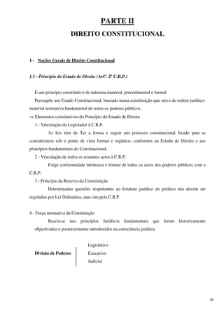 PARTE II
                      DIREITO CONSTITUCIONAL


1 - Noções Gerais de Direito Constitucional


1.1 - Princípio do Estado de Direito (Artº. 2º C.R.P.)


  É um princípio constitutivo de natureza material, procedimental e formal
  Pressupõe um Estado Constitucional, baseado numa constituição que serve de ordem jurídico-
material normativa fundamental de todos os poderes públicos.
⇒ Elementos constitutivos do Princípio do Estado de Direito
  1 - Vinculação do Legislador à C.R.P.
          As leis têm de Ter a forma e seguir um processo constitucional fixado para se
considerarem sob o ponto de vista formal e orgânico, conformes ao Estado de Direito a aos
princípios fundamentais do Constitucional.
  2 - Vinculação de todos os restantes actos à C.R.P.
          Exige conformidade intrínseca e formal de todos os actos dos poderes públicos com a
C.R.P.
  3 - Princípio da Reserva da Constituição
          Determinadas questões respeitantes ao Estatuto jurídico do político não devem ser
regulados por Lei Ordinárias, mas sim pela C.R.P.


4 - Força normativa da Constituição
          Baseia-se nos     princípios     Jurídicos fundamentais que foram historicamente
  objectivadas e posteriormente introduzidos na consciência jurídica


                                Legislativo
  Divisão de Poderes            Executivo
                                Judicial




                                                                                                28
 
