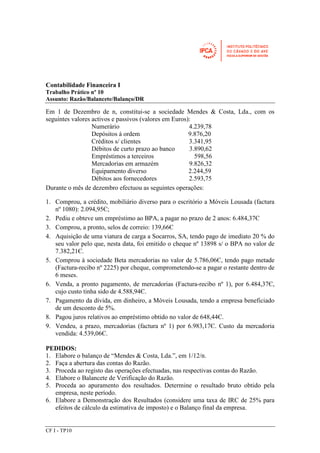 Contabilidade Financeira I 
Trabalho Prático nº 10 
Assunto: Razão/Balancete/Balanço/DR 
Em 1 de Dezembro de n, constitui-se a sociedade Mendes & Costa, Lda., com os 
seguintes valores activos e passivos (valores em Euros): 
CF I - TP10 
Numerário 4.239,78 
Depósitos à ordem 9.876,20 
Créditos s/ clientes 3.341,95 
Débitos de curto prazo ao banco 3.890,62 
Empréstimos a terceiros 598,56 
Mercadorias em armazém 9.826,32 
Equipamento diverso 2.244,59 
Débitos aos fornecedores 2.593,75 
Durante o mês de dezembro efectuou as seguintes operações: 
1. Comprou, a crédito, mobiliário diverso para o escritório a Móveis Lousada (factura 
nº 1080): 2.094,95Є; 
2. Pediu e obteve um empréstimo ao BPA, a pagar no prazo de 2 anos: 6.484,37Є 
3. Comprou, a pronto, selos de correio: 139,66Є 
4. Aquisição de uma viatura de carga a Socarros, SA, tendo pago de imediato 20 % do 
seu valor pelo que, nesta data, foi emitido o cheque nº 13898 s/ o BPA no valor de 
7.382,21Є. 
5. Comprou à sociedade Beta mercadorias no valor de 5.786,06Є, tendo pago metade 
(Factura-recibo nº 2225) por cheque, comprometendo-se a pagar o restante dentro de 
6 meses. 
6. Venda, a pronto pagamento, de mercadorias (Factura-recibo nº 1), por 6.484,37Є, 
cujo custo tinha sido de 4.588,94Є. 
7. Pagamento da dívida, em dinheiro, a Móveis Lousada, tendo a empresa beneficiado 
de um desconto de 5%. 
8. Pagou juros relativos ao empréstimo obtido no valor de 648,44Є. 
9. Vendeu, a prazo, mercadorias (factura nº 1) por 6.983,17Є. Custo da mercadoria 
vendida: 4.539,06Є. 
PEDIDOS: 
1. Elabore o balanço de “Mendes & Costa, Lda.”, em 1/12/n. 
2. Faça a abertura das contas do Razão. 
3. Proceda ao registo das operações efectuadas, nas respectivas contas do Razão. 
4. Elabore o Balancete de Verificação do Razão. 
5. Proceda ao apuramento dos resultados. Determine o resultado bruto obtido pela 
empresa, neste período. 
6. Elabore a Demonstração dos Resultados (considere uma taxa de IRC de 25% para 
efeitos de cálculo da estimativa de imposto) e o Balanço final da empresa. 
 