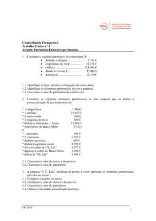 CFI -TP1 
1 
Contabilidade Financeira I 
Trabalho Prático n.º 1 
Assunto: Património/Elementos patrimoniais 
1. Considere o seguinte património do comerciante X: 
· dinheiro e cheques.................... 3.741 Є 
· empréstimo do BBV................. 52.374 Є 
· edifício..................................... 124.699 Є 
· divida do cliente Y................... 17.458 Є 
· automóvel................................ 12.470 Є 
1.1. Identifique os bens, direitos e obrigações do comerciante. 
1.2. Identifique os elementos patrimoniais activos e passivos. 
1.3. Determine o valor do património do comerciante. 
2. Considere os seguintes elementos patrimoniais de uma empresa que se dedica á 
comercialização de electrodomésticos: 
* 10 frigoríficos 1.746 Є 
* 1 carrinha 21.947 Є 
* 3 micro-ondas 698 Є 
* 2 máquinas de lavar 648 Є 
* dívida ao fornecedor J. Sousa 12.884 Є 
* empréstimo do Banco Mello 27.434 
Є 
* 1 secretária 190 Є 
* 3 televisores 1.122 Є 
* dinheiro em caixa 499 Є 
* dívida á segurança social 1.995 Є 
* letra a receber de “JS, Lda” 9.477 Є 
* depósito à ordem no Banco Mello 2.494 Є 
* dívida de “SS, Lda” 3.990 Є 
2.1. Determine o valor do activo e do passivo. 
2.2. Determine o valor do património. 
3. A empresa “J. C. Lda.” retalhista de pronto a vestir apresenta os elementos patrimoniais 
referidos no anexo 1. 
3.1. Complete o quadro em anexo. 
3.2. Determine o valor do Activo e do passivo. 
3.3. Determine o valor do património. 
3.4. Elabore o Inventário (classificado analítico). 
 