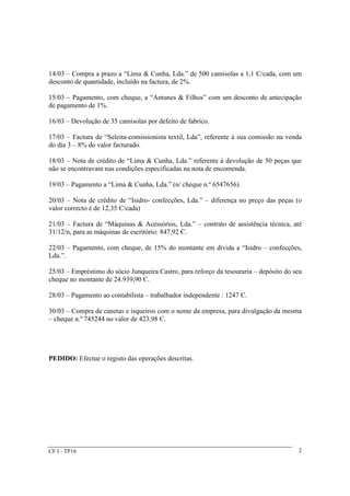 14/03 – Compra a prazo a “Lima & Cunha, Lda.” de 500 camisolas a 1,1 Є/cada, com um 
desconto de quantidade, incluído na factura, de 2%. 
15/03 – Pagamento, com cheque, a “Antunes & Filhos” com um desconto de antecipação 
de pagamento de 1%. 
16/03 – Devolução de 35 camisolas por defeito de fabrico. 
17/03 – Factura de “Seleita-comissionista textil, Lda”, referente à sua comissão na venda 
do dia 3 – 8% do valor facturado. 
18/03 – Nota de crédito de “Lima & Cunha, Lda.” referente à devolução de 50 peças que 
não se encontravam nas condições especificadas na nota de encomenda. 
19/03 – Pagamento a “Lima & Cunha, Lda.” (n/ cheque n.º 6547656). 
20/03 – Nota de crédito de “Isidro- confecções, Lda.” – diferença no preço das peças (o 
valor correcto é de 12,35 Є/cada) 
21/03 – Factura de “Máquinas & Acessórios, Lda.” – contrato de assistência técnica, até 
31/12/n, para as máquinas de escritório: 847,92 Є. 
22/03 – Pagamento, com cheque, de 15% do montante em dívida a “Isidro – confecções, 
Lda.”. 
25/03 – Empréstimo do sócio Junqueira Castro, para reforço da tesouraria – depósito do seu 
cheque no montante de 24.939,90 Є. 
28/03 – Pagamento ao contabilista – trabalhador independente : 1247 Є. 
30/03 – Compra de canetas e isqueiros com o nome da empresa, para divulgação da mesma 
– cheque n.º 745244 no valor de 423,98 Є. 
PEDIDO: Efectue o registo das operações descritas. 
CF I - TP16 2 
 