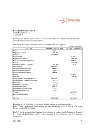 CF I - TP26 
1 
Contabilidade Financeira I 
Trabalho Prático n.º 26 
Assunto: IVA 
O comerciante Aladino exerce desde há vários anos a actividade de compra e venda de aparelhos 
electrodomésticos e máquinas de escritório. 
O balancete de situação acumulado até 31 de Novembro de n, era o seguinte: 
(valores em Euros) 
CONTAS SALDOS DEVEDORES SALDOS CREDORES 
Caixa 
Depósitos à ordem 
Clientes 
Fornecedores 
Empréstimos obtidos 
Estado e outros entes públicos 
Sócios 
Outros devedores e credores 
Mercadorias 
Investimentos financeiros 
Imobilizações corpóreas 
Imobilizações incorpóreas 
Capital 
Reservas 
Custo das mercadorias vendidas 
Fornecimentos e serviços externos 
Impostos 
Custos com o pessoal 
Custos financeiros 
Outros custos operacionais 
Custos extraordinários 
Vendas 
Proveitos financeiros 
49,88 
2.493,99 
22.445,91 
2.493,99 
19.951,92 
448,92 
7.980,77 
149,64 
34.915,85 
1.995,19 
99,76 
2.992,79 
199,52 
498,8 
49,88 
20.450,71 
4.987,99 
648,44 
5.087,74 
723,26 
12.469,95 
7.132,81 
44.891,81 
374,1 
TOTAL 96.766,81 96.766,81 
Durante o mês de Dezembro, o comerciante Aladino realizou as seguintes operações : 
Dia 2: Venda a dinheiro de 4 televisores a um preço unitário de 404,03 Є (IVA a 21%) e que 
haviam custado 274,34 Є /cada. 
Dia 3: Aviso de lançamento do Banco do Norte referente ao produto líquido do desconto do saque 
n.º 115, enviado àquele banco em 29/11/9n, no montante de 349,16 Є, sendo 14,96 Є os encargos 
do desconto. 
 