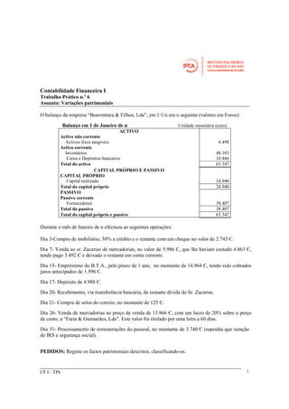 Contabilidade Financeira I 
Trabalho Prático n.º 6 
Assunto: Variações patrimoniais 
O balanço da empresa “Boaventura & Filhos, Lda”, em 1/1/n era o seguinte (valores em Euros): 
Balanço em 1 de Janeiro de n Unidade monetária (euro) 
ACTIVO 
Activo não corrente 
Activos fixos tangíveis 4.498 
Activo corrente 
Inventários 48.383 
Caixa e Depósitos bancários 10.466 
Total do activo 63.347 
CAPITAL PRÓPRIO E PASSIVO 
CAPITAL PRÓPRIO 
Capital realizado 24.940 
Total do capital próprio 24.940 
PASSIVO 
Passivo corrente 
Fornecedores 38.407 
Total do passivo 38.407 
Total do capital próprio e passivo 63.347 
Durante o mês de Janeiro de n efectuou as seguintes operações: 
Dia 3-Compra de mobiliário, 50% a crédito e o restante com um cheque no valor de 2.743 Є. 
Dia 7- Venda ao sr. Zacarias de mercadorias, no valor de 5.986 Є, que lhe haviam custado 4.863 Є, 
tendo pago 3.492 Є e deixado o restante em conta corrente. 
Dia 15- Empréstimo do B.T.A., pelo prazo de 1 ano, no montante de 14.964 Є, tendo sido cobrados 
juros antecipados de 1.596 Є. 
Dia 17- Depósito de 4.988 Є. 
Dia 20- Recebimento, via transferência bancária, da restante dívida do Sr. Zacarias. 
Dia 21- Compra de selos do correio, no montante de 125 Є. 
Dia 26- Venda de mercadorias ao preço de venda de 13.966 Є, com um lucro de 20% sobre o preço 
de custo, a “Faria & Guimarães, Lda”. Este valor foi titulado por uma letra a 60 dias. 
Dia 31- Processamento de remunerações do pessoal, no montante de 3.740 Є (suponha que isenção 
de IRS e segurança social). 
PEDIDOS: Registe os factos patrimoniais descritos, classificando-os. 
CF I - TP6 1 
 