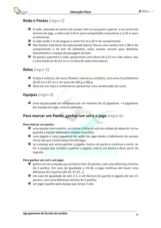 Educação Física
Agrupamento de Escolas de Lordelo 6
Rede e Postes (regra 2)
A rede, colocada ao centro do campo, tem na sua parte superior, e ao centro do
terreno de jogo, a altura de 2,43 m para competições masculinas e 2,24 m para
as femininas.
A rede mede 1 m de largura e entre 9,5 m a 10 m de comprimento.
Nos bordos exteriores de cada banda lateral, fixa-se uma vareta com 1,80 m de
comprimento e 10 mm de diâmetro; estas varetas servem para delimitar
lateralmente o espaço de passagem da bola.
Os postes suportam a rede, apresentam uma altura de 2,55 m e são coloca- dos
a uma distância de 0,5 m a 1 m fora de cada linha lateral.
Bolas (regra 3)
A bola é esférica, de couro flexível, natural ou sintético, com uma circunferência
de 65 cm a 67 cm e um peso de 260 g a 280 g.
Deve ter cor clara e uniforme ou apresentar uma combinação de cores.
Equipas (regra 4)
Uma equipa pode ser composta por um máximo de 12 jogadores – 6 jogadores
por equipa em jogo, mais 6 suplentes.
Para marcar um Ponto, ganhar um set e o jogo (regra 6)
Para marcar um ponto:
uma equipa marca ponto, se colocar a bola no solo do campo do adversá- rio ou
quando a equipa adversária comete uma falta;
uma jogada é uma sequência de ações de jogo desde o batimento do serviço
inicial até que a bola esteja fora de jogo;
se a equipa que serviu ganhar a jogada, marca um ponto e continua a servir; se
for a equipa que recebeu a ganhar a jogada, marca um ponto e deve servir de
seguida.
Para ganhar um set e um jogo:
ganha um set a equipa que primeiro fizer 25 pontos, com uma diferença mínima
de 2 pontos. Em caso de igualdade a 24-24, o jogo continua até haver uma
diferença de 2 pontos (26-24, 27-25...);
em caso de igualdade de sets 2-2, o set decisivo (o quinto) é jogado até aos 15
pontos, com uma diferença mínima de 2 pontos;
um jogo é ganho pela equipa que vença 3 sets.
 