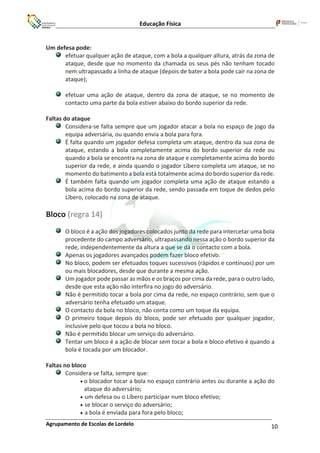 Educação Física
Agrupamento de Escolas de Lordelo 10
Um defesa pode:
efetuar qualquer ação de ataque, com a bola a qualquer altura, atrás da zona de
ataque, desde que no momento da chamada os seus pés não tenham tocado
nem ultrapassado a linha de ataque (depois de bater a bola pode cair na zona de
ataque);
efetuar uma ação de ataque, dentro da zona de ataque, se no momento de
contacto uma parte da bola estiver abaixo do bordo superior da rede.
Faltas do ataque
Considera-se falta sempre que um jogador atacar a bola no espaço de jogo da
equipa adversária, ou quando envia a bola para fora.
É falta quando um jogador defesa completa um ataque, dentro da sua zona de
ataque, estando a bola completamente acima do bordo superior da rede ou
quando a bola se encontra na zona de ataque e completamente acima do bordo
superior da rede, e ainda quando o jogador Líbero completa um ataque, se no
momento do batimento a bola está totalmente acima do bordo superior da rede.
É também falta quando um jogador completa uma ação de ataque estando a
bola acima do bordo superior da rede, sendo passada em toque de dedos pelo
Líbero, colocado na zona de ataque.
Bloco (regra 14)
O bloco é a ação dos jogadores colocados junto da rede para intercetar uma bola
procedente do campo adversário, ultrapassando nessa ação o bordo superior da
rede, independentemente da altura a que se dá o contacto com a bola.
Apenas os jogadores avançados podem fazer bloco efetivo.
No bloco, podem ser efetuados toques sucessivos (rápidos e contínuos) por um
ou mais blocadores, desde que durante a mesma ação.
Um jogador pode passar as mãos e os braços por cima da rede, para o outro lado,
desde que esta ação não interfira no jogo do adversário.
Não é permitido tocar a bola por cima da rede, no espaço contrário, sem que o
adversário tenha efetuado um ataque.
O contacto da bola no bloco, não conta como um toque da equipa.
O primeiro toque depois do bloco, pode ser efetuado por qualquer jogador,
inclusive pelo que tocou a bola no bloco.
Não é permitido blocar um serviço do adversário.
Tentar um bloco é a ação de blocar sem tocar a bola e bloco efetivo é quando a
bola é tocada por um blocador.
Faltas no bloco
Considera-se falta, sempre que:
• o blocador tocar a bola no espaço contrário antes ou durante a ação do
ataque do adversário;
• um defesa ou o Líbero participar num bloco efetivo;
• se blocar o serviço do adversário;
• a bola é enviada para fora pelo bloco;
 