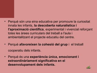 • Perquè són una eina educativa per promoure la curiositat 
innata les infants, la descoberta naturalística i
l'aproximació científica, experimental i vivencial reforçant 
totes les àrees curriculars del treball a l'aula i 
ambientalitzant el projecte educatiu del centre.
• Perquè afavoreixen la cohesió del grup i  el treball 
cooperatiu dels infants. 
• Perquè és una experiència única, emocionant i
extraordinàriament significativa en el
desenvolupament dels infants. 
 