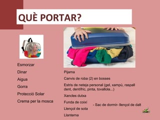 QUÈ PORTAR?
Esmorzar
Dinar
Aigua
Gorra
Protecció Solar
Crema per la mosca
Pijama
Canvis de roba (2) en bosses
Estris de neteja personal (gel, xampú, raspall
dent, dentífric, pinta, tovallola...)
Xancles dutxa
Funda de coixí
Llençol de sota
Llanterna
- Sac de dormir- llençol de dalt
 