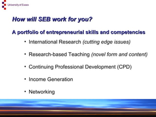 How will SEB work for you? A portfolio of entrepreneurial skills and competencies International Research  (cutting edge issues) Research-based Teaching  (novel form and content) Continuing Professional Development (CPD) Income Generation Networking 