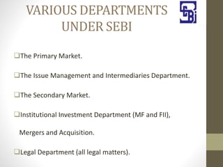 VARIOUS DEPARTMENTS
UNDER SEBI
The Primary Market.
The Issue Management and Intermediaries Department.
The Secondary Market.
Institutional Investment Department (MF and FII),
Mergers and Acquisition.
Legal Department (all legal matters).
 
