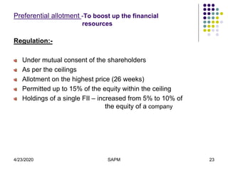 4/23/2020 SAPM 23
Preferential allotment -To boost up the financial
resources
Regulation:-
Under mutual consent of the shareholders
As per the ceilings
Allotment on the highest price (26 weeks)
Permitted up to 15% of the equity within the ceiling
Holdings of a single FII – increased from 5% to 10% of
the equity of a company
 