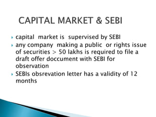 capital market is supervised by SEBI
any company making a public or rights issue
of securities > 50 lakhs is required to file a
draft offer doccument with SEBI for
observation
SEBIs obsrevation letter has a validity of 12
months