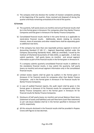 Page 11 of 53
n) The company shall also disclose the number of investor complaints pending
at the beginning of the quarter, those received and disposed of during the
quarter and those remaining unresolved at the end of the quarter.
V) Formats
a) The quarterly, half yearly (every six months) and annual financial results shall
be in the format given in Annexure I for companies other than Banks/ Finance
Companies and that given in Annexure II for Banks/ Finance Companies.
b) Consolidated financial results shall be in the same format as is applicable to
stand-alone financial results. Additionally, details relating to minority
interest, share of associates and other related items shall be separately given
as additional row items.
c) If the company has more than one reportable primary segment in terms of
Accounting Standard 17 (AS 17 – Segment Reporting) notified under the
Company (Accounting Standards) Rules, 2006 (as amended) / issued by the
Institute of Chartered Accountants of India (ICAI), as applicable , it shall also
submit quarterly, half yearly (every six months) and annual segment
information as part of the financial results in the format given in Annexure III.
If a company submits quarterly consolidated financial results in addition to
the standalone financial results, it may submit the quarterly, half yearly
(every six months) and annual segment information only in the consolidated
financial results.
d) Limited review reports shall be given by auditors in the format given in
Annexure IV for financial results for companies other than Banks/ Finance
Companies and in the format given in Annexure V for financial results for
Banks/ Finance Companies.
e) In case of audited financial reports, the audit report shall be given in the
format given in Annexure VI for financial results for companies other than
Banks/ Finance Companies and in the format given in Annexure VII for
financial results for Banks/ Finance Companies.
f) Disclosure of half yearly (every six months) and annual Balance Sheet items
(statement of assets and liabilities) and cash flow items (cash flow statement)
as per sub-clause (I)(e)(iv) shall be in the format specified in Annexure VIII
and IX, respectively.
g) All the amounts disclosed in the financial results shall be provided in Rupees
Crores with figures to two decimals.
 