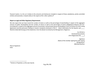 Page 39 of 53
financial results, in so far as it relates to the amounts and disclosures included in respect of these subsidiaries, jointly controlled
entities and associates, is based solely on the reports of the other auditors.]*
Report on Legal and Other Regulatory Requirements
We also report that we have traced the number of shares as well as the percentage of shareholding in respect of the aggregate
amount of public shareholding and the number of shares as well as the percentage of shares pledged/encumbered and non-
encumbered in respect of the aggregate amount of promoters and promoter group shareholding in terms of Clause 35 of the Listing
Agreement and the particulars relating to investor complaints disclosed in Part II - Select Information for the Quarter and _____
Months Ended dd/mm/yyyy of the Statement, from the details furnished by the Management / Registrars.
For XYZ & Co
Chartered Accountants
(Firm Registration No. ____)
Signature
(Name of the member signing the audit report)
(Designation)3
(Membership No.)
Place of signature:
Date:
3
Partner or Proprietor, as the case may be.
 