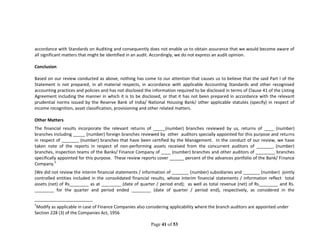 Page 41 of 53
accordance with Standards on Auditing and consequently does not enable us to obtain assurance that we would become aware of
all significant matters that might be identified in an audit. Accordingly, we do not express an audit opinion.
Conclusion
Based on our review conducted as above, nothing has come to our attention that causes us to believe that the said Part I of the
Statement is not prepared, in all material respects, in accordance with applicable Accounting Standards and other recognised
accounting practices and policies and has not disclosed the information required to be disclosed in terms of Clause 41 of the Listing
Agreement including the manner in which it is to be disclosed, or that it has not been prepared in accordance with the relevant
prudential norms issued by the Reserve Bank of India/ National Housing Bank/ other applicable statutes (specify) in respect of
income recognition, asset classification, provisioning and other related matters.
Other Matters
The financial results incorporate the relevant returns of _____(number) branches reviewed by us, returns of ____ (number)
branches including _____ (number) foreign branches reviewed by other auditors specially appointed for this purpose and returns
in respect of _______ (number) branches that have been certified by the Management. In the conduct of our review, we have
taken note of the reports in respect of non-performing assets received from the concurrent auditors of _______ (number)
branches, inspection teams of the Banks/ Finance Company of ____ (number) branches and other auditors of ________ branches
specifically appointed for this purpose. These review reports cover ______ percent of the advances portfolio of the Bank/ Finance
Company.5
[We did not review the interim financial statements / information of _______ (number) subsidiaries and _______ (number) jointly
controlled entities included in the consolidated financial results, whose interim financial statements / information reflect total
assets (net) of Rs________ as at ________ (date of quarter / period end); as well as total revenue (net) of Rs________ and Rs.
________ for the quarter and period ended ________ (date of quarter / period end), respectively, as considered in the
5
Modify as applicable in case of Finance Companies also considering applicability where the branch auditors are appointed under
Section 228 (3) of the Companies Act, 1956
 