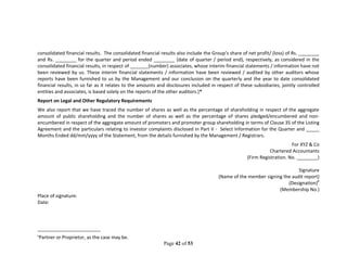 Page 42 of 53
consolidated financial results. The consolidated financial results also include the Group’s share of net profit/ (loss) of Rs. ________
and Rs. ________ for the quarter and period ended ________ (date of quarter / period end), respectively, as considered in the
consolidated financial results, in respect of _______(number) associates, whose interim financial statements / information have not
been reviewed by us. These interim financial statements / information have been reviewed / audited by other auditors whose
reports have been furnished to us by the Management and our conclusion on the quarterly and the year to date consolidated
financial results, in so far as it relates to the amounts and disclosures included in respect of these subsidiaries, jointly controlled
entities and associates, is based solely on the reports of the other auditors.]*
Report on Legal and Other Regulatory Requirements
We also report that we have traced the number of shares as well as the percentage of shareholding in respect of the aggregate
amount of public shareholding and the number of shares as well as the percentage of shares pledged/encumbered and non-
encumbered in respect of the aggregate amount of promoters and promoter group shareholding in terms of Clause 35 of the Listing
Agreement and the particulars relating to investor complaints disclosed in Part II - Select Information for the Quarter and _____
Months Ended dd/mm/yyyy of the Statement, from the details furnished by the Management / Registrars.
For XYZ & Co
Chartered Accountants
(Firm Registration. No. ________)
Signature
(Name of the member signing the audit report)
(Designation)6
(Membership No.)
Place of signature:
Date:
6
Partner or Proprietor, as the case may be.
 