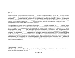 Page 49 of 53
Other Matters
The financial results incorporate the relevant returns of _____(number) branches audited by us, returns of____ (number) branches
including _____ (number) foreign branches audited by other auditors specially appointed for this purpose and unaudited returns
in respect of _______ (number) branches. In conduct of our audit, we have taken note of the reports in respect of non-performing
assets received from the concurrent auditors of _______ (number) branches, inspection teams of Bank/ Finance Company of ____
(number) branches and other auditors of _________ branches specifically appointed for this purpose. These reports cover ______
percent of the advances portfolio of the Bank/ Finance Company.9
[We did not audit the interim financial statements/information of _______ (number) subsidiaries and _______ (number) jointly
controlled entities included in the consolidated financial results, whose interim financial statements reflect total assets (net) of
Rs________ as at ________ (date of quarter / period end); as well as total revenue (net) of Rs________ and Rs. ________ for the
quarter and period ended ________ (date of quarter / period end), respectively, as considered in these consolidated financial
results. The consolidated financial results also include the Group’s share of net profit / (loss) of Rs. ________ and Rs. ________ for
the quarter and period ended ________ (date of quarter / period end), respectively, as considered in these consolidated financial
results, in respect of _______(number) associates, whose interim financial statements/information have not been audited by us.
These interim financial statements/information have been audited by other auditors whose reports have been furnished to us by
the Management and our opinion on the quarterly and the year to date consolidated financial results, in so far as it relates to the
amounts and disclosures included in respect of these subsidiaries, jointly controlled entities and associates, is based solely on the
reports of such other auditors.]*
*Retainwhichever is applicable.
9
Modify as applicable in case of Finance Companies also considering applicability where the branch auditors are appointed under
Section 228 (3) of the Companies Act, 1956
 