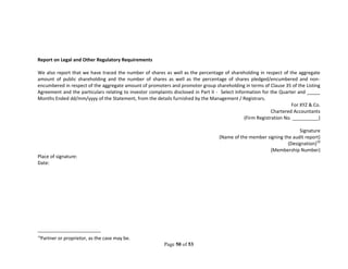 Page 50 of 53
Report on Legal and Other Regulatory Requirements
We also report that we have traced the number of shares as well as the percentage of shareholding in respect of the aggregate
amount of public shareholding and the number of shares as well as the percentage of shares pledged/encumbered and non-
encumbered in respect of the aggregate amount of promoters and promoter group shareholding in terms of Clause 35 of the Listing
Agreement and the particulars relating to investor complaints disclosed in Part II - Select Information for the Quarter and _____
Months Ended dd/mm/yyyy of the Statement, from the details furnished by the Management / Registrars.
For XYZ & Co.
Chartered Accountants
(Firm Registration No. __________)
Signature
(Name of the member signing the audit report)
(Designation)10
(Membership Number)
Place of signature:
Date:
10
Partner or proprietor, as the case may be.
 