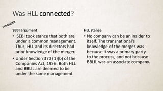 Was HLL connected?
SEBI argument
• SEBI took stance that both are
under a common management.
Thus, HLL and its directors had
prior knowledge of the merger.
• Under Section 370 (1)(b) of the
Companies Act, 1956. Both HLL
and BBLIL are deemed to be
under the same management
HLL stance
• No company can be an insider to
itself. The transnational's
knowledge of the merger was
because it was a primary party
to the process, and not because
BBLIL was an associate company.
 