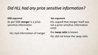 Did HLL had any price sensitive information?
SEBI argument
As per SEBI merger is a price
sensitive information
&
HLL had information of merger
HLL argument
HLL argued that merger itself was
not a price sensitive information
untill
the swap ratio is known
HLL did not know the swap ratio
 