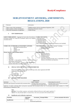 Ready4Compliance
SEBI (INVESTMENT ADVISERS), AMENDMENTS,
REGULATIONS, 2020
S.
No.
Particular Information
1 What is name of this amendment? SEBI(Investment Adviser) Amendment, Regulation, 2020
2 What is purpose of these amendments? Protection of Investor’s interest
3 When these amendments are applicable? Within 90 Days
I. NEW TERMINOLOGY
ASSET UNDER ADVICE: - Aggregate net Asset value of securities or
investment product for which the investment adviser has rendered
investment advice.
FAMILY OF CLIENT:-
i. Individual client
ii. Dependent Spouse
iii. Dependent Spouse
iv. Dependent parents
(Note: Independent Spouse, Childers, and Parents are not included)
FAMILY OF AN INDIVIDUAL INVESTMENT ADVISER:-
i. Individual investment adviser
ii. Spouse
iii. Children, and
iv. Parents.
NON-INDIVIDUAL:- means “Body Corporate” including
- Limited liability Partnership
- Partnership Firm
Person Associate with investment advise:-
- Member
- Partner
- Officer
- Directors
- Employee
- Sale Staff , or any person occupying a similar status or
performing a similar function
(Note:- Do not included :- clerical or office administrative
function where there is no client interface.)
Principal Officer:-
- Managing Director
- Designated Director
- Managing partner
- Executive chairmen
- Equivalent management body who is responsible for overall
function of the business and operation.
II. SPECIAL NOTE FOR MUTUAL FUND DISTRIBUTOR
Mutual fund distributor can not use word following words, unless registered with SEBI
- Independent Financial Advisor
- IFA
- Wealth Advisor
- Any other similar name
III. QUALIFICATION REQUIRED
APPLICANT
Individual Body Corporate Partnership Firm and LLP
Individual and All person associated with investment advice Principal officer and All person
associated with investment advice
Principal Officer and All person associated
with investment advice
Applicant, its partner, principal officer and person associated with investment adviser are fit and proper person under schedule II of SEBI
(Intermediaries), Regulations, 2008
Note:
Question 1: In any Body corporate, each member of Board of Directors shall comply regulation 7?
Answer: No, only principal officer or all person(s), who is/are associated with investment advice.
IV. Qualification and certification requirement
Particular Individual Investment
Adviser
Principal Officer Person associated with advice
Qualification - CFA
- Professional qualification
 