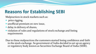 Purpose and Role of SEBI
 SEBI was set up with the main purpose of keeping a check on malpractices
and protect the intere...
