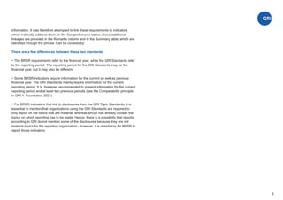 5
information. It was therefore attempted to link these requirements to indicators
which indirectly address them. In the Comprehensive tables, these additional
linkages are provided in the Remarks column and in the Summary table, which are
identiﬁed through the phrase 'Can be covered by'.
There are a few differences between these two standards:
The BRSR requirements refer to the ﬁnancial year, while the GRI Standards refer
to the reporting period. The reporting period for the GRI Standards may be the
ﬁnancial year, but it may also be different.
Some BRSR indicators require information for the current as well as previous
ﬁnancial year. The GRI Standards mainly require information for the current
reporting period. It is, however, recommended to present information for the current
reporting period and at least two previous periods (see the Comparability principle
in GRI 1: Foundation 2021).
For BRSR indicators that link to disclosures from the GRI Topic Standards, it is
essential to mention that organizations using the GRI Standards are required to
only report on the topics that are material, whereas BRSR has already chosen the
topics on which reporting has to be made. Hence, there is a possibility that reports
according to GRI do not mention some of the disclosures because they are not
material topics for the reporting organization - however, it is mandatory for BRSR to
report those indicators.
 
