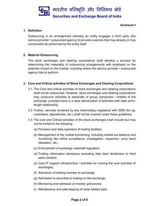 भारतीय प्रततभूतत और वितिमय बोर्ड
Securities and Exchange Board of India
Page 2 of 6
Annexure I
1. Definition
Outsourcing i...