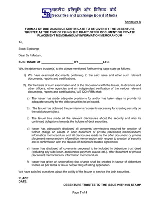 Page 7 of 8
Annexure A
FORMAT OF DUE DILIGENCE CERTIFICATE TO BE GIVEN BY THE DEBENTURE
TRUSTEE AT THE TIME OF FILING THE DRAFT OFFER DOCUMENT OR PRIVATE
PLACEMENT MEMORANDUM/ INFORMATION MEMORANDUM
To,
Stock Exchange
Dear Sir / Madam,
SUB.: ISSUE OF ____________________ BY _______________LTD.
We, the debenture trustee(s) to the above mentioned forthcoming issue state as follows:
1) We have examined documents pertaining to the said issue and other such relevant
documents, reports and certifications.
2) On the basis of such examination and of the discussions with the Issuer, its directors and
other officers, other agencies and on independent verification of the various relevant
documents, reports and certifications, WE CONFIRM that:
a) The Issuer has made adequate provisions for and/or has taken steps to provide for
adequate security for the debt securities to be issued.
b) The Issuer has obtained the permissions / consents necessary for creating security on
the said property(ies).
c) The Issuer has made all the relevant disclosures about the security and also its
continued obligations towards the holders of debt securities.
d) Issuer has adequately disclosed all consents/ permissions required for creation of
further charge on assets in offer document or private placement memorandum/
information memorandum and all disclosures made in the offer document or private
placement memorandum/ information memorandum with respect to creation of security
are in confirmation with the clauses of debenture trustee agreement.
e) Issuer has disclosed all covenants proposed to be included in debenture trust deed
(including any side letter, accelerated payment clause etc.), offer document or private
placement memorandum/ information memorandum.
f) Issuer has given an undertaking that charge shall be created in favour of debenture
trustee as per terms of issue before filing of listing application.
We have satisfied ourselves about the ability of the Issuer to service the debt securities.
PLACE:
DATE:
DEBENTURE TRUSTEE TO THE ISSUE WITH HIS STAMP
 