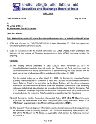 Page 1 of 6
CIRCULAR
CIR/CFD/FAC/62/2016 July 05, 2016
To
All Listed Entities
All Recognized Stock Exchanges
Dear Sir / Madam,
Sub: Revised Formats for Financial Results and Implementation of Ind-AS by Listed Entities
1. SEBI vide Circular No. CIR/CFD/CMD/15/2015 dated November 30, 2015, has prescribed
formats for publishing financial results.
2. SEBI, in consultation with the market participants viz. Listed Entities, Stock Exchanges and
Members of the Institute of Chartered Accountants of India ('ICAI'), has now decided the
following:
Formats:
2.1.The existing formats prescribed in SEBI Circular dated November 30, 2015 for
Unaudited/Audited quarterly financial results i.e. Statement of Profit and Loss and the
Unaudited/Audited Half-Yearly Balance Sheet to be submitted by the listed entities, with the
stock exchanges, shall continue till the period ending December 31, 2016.
For the period ending on or after March 31, 2017, the formats for Unaudited/Audited
quarterly financial results i.e. Statement of Profit and Loss and the Unaudited/Audited Half-
Yearly Balance Sheet to be submitted by the Listed Entities, with the stock exchanges,
shall be as per the formats for Balance Sheet and Statement of Profit and Loss (excluding
notes and detailed sub-classification) as prescribed in Schedule III to the Companies Act,
2013. However, Banking Companies and Insurance Companies shall follow the formats as
prescribed under the respective Acts/Regulations as specified by their Regulators.
2.2.Until Companies (Indian Accounting Standards) Rules, 2015 ('Ind-AS Rules') become
applicable, the listed entities shall adopt Companies (Accounting Standards) Rules, 2006
('AS Rules') as prescribed by the Ministry of Corporate Affairs ('MCA').
2.3.The Quarterly / Annual Segment Information published in compliance with the requirements
as prescribed under Accounting Standard (‘AS’) 17/ Indian Accounting Standard (‘Ind AS’)
108 of the AS Rules/ Ind-AS Rules, as applicable, shall contain the following minimum
information: -
 