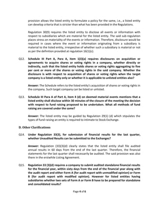 Page 4 of 6
provision allows the listed entity to formulate a policy for the same, i.e., a listed entity
can develop criteria that is stricter than what has been provided in the Regulations.
Regulation 30(9) requires the listed entity to disclose all events or information with
respect to subsidiaries which are material for the listed entity. The said sub-regulation
places stress on materiality of the events or information. Therefore, disclosure would be
required in cases where the event or information originating from a subsidiary is
material to the listed entity, irrespective of whether such a subsidiary is material or not
as per the definition provided at regulation 16(1)(c).
Q12. Schedule III Part A, Para A, item 1(ii)(a) requires disclosures on acquisition or
agreements to acquire shares or voting rights in a company, whether directly or
indirectly, such that the listed entity holds shares or voting rights aggregating to five
per cent or more of the shares or voting rights in the said company. Whether the
disclosure is with respect to acquisition of shares or voting rights when the target
company is a listed entity only or whether it is applicable to unlisted entities also?
Answer: The Schedule refers to the listed entity’s acquisition of shares or voting rights in
the company. Such target company can be listed or unlisted.
Q13. Schedule III Para A of Part A, item 4 (d) on deemed material events mentions that a
listed entity shall disclose within 30 minutes of the closure of the meeting the decision
with respect to fund raising proposed to be undertaken. What all methods of fund
raising are covered under the same?
Answer: The listed entity may be guided by Regulation 29(1) (d) which stipulates the
types of fund raising an entity is required to intimate to Stock Exchange.
D. Other Clarifications
Q14. Under Regulation 33(3), for submission of financial results for the last quarter,
whether Unaudited Results can be submitted to the Exchanges?
Answer: Regulation (33)(3)(d) clearly states that the listed entity shall file audited
annual results in 60 days from the end of the last quarter. Therefore, the financial
statements for the last quarter shall necessarily be audited. The said provision was also
there in the erstwhile Listing Agreement.
Q15. Regulation 33 (3)(d) requires a company to submit audited standalone financial results
for the financial year, within sixty days from the end of the financial year along with
the audit report and either Form A (for audit report with unmodified opinion) or Form
B (for audit report with modified opinion). However for listed entities having
subsidiaries whether two sets of Form A or Form B have to be prepared for standalone
and consolidated results?
 