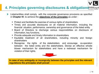 AllrightsreservedAllrightsreserved|Preliminary&Tentative
Companies Act 2013| 14
Listedentities shall comply with the corporate governance provisions as specified
in Chapter IV, to achieve the objectives of the principles as under :
 Protect and facilitate the exercise of various rights of shareholders
 Timely and accurate disclosures on all material information, including the
financial situation, performance, ownership and governance of the listed entity
 Board of Directors to discharge various responsibilities on disclosure of
information, key functions,
 Provide adequate and timely information to shareholders
 Equitable treatment of all shareholders, including minority and foreign
shareholders
 Recognise the rights of the stakeholders and encourage co-operation
between the listed entity and the stakeholders. Devise an effective whistle
blower mechanism for stakeholders and have a redressal mechanism for
violation of their rights.
4. Principles governing disclosures & obligations
In case of any ambiguity or incongruity between the principles and the relevant
regulations the principles shall prevail
 