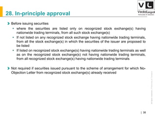 AllrightsreservedAllrightsreserved|Preliminary&Tentative
Companies Act 2013| 38
28. In-principle approval
Before issuing securities
 where the securities are listed only on recognized stock exchange(s) having
nationwide trading terminals, from all such stock exchange(s)
 If not listed on any recognized stock exchange having nationwide trading terminals,
from all the stock exchange(s) in which the securities of the issuer are proposed to
be listed
 If listed on recognized stock exchange(s) having nationwide trading terminals as well
as on the recognized stock exchange(s) not having nationwide trading terminals,
from all recognized stock exchange(s) having nationwide trading terminals
Not required if securities issued pursuant to the scheme of arrangement for which No-
Objection Letter from recognized stock exchange(s) already received
 