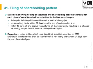 AllrightsreservedAllrightsreserved|Preliminary&Tentative
Companies Act 2013| 41
31. Filing of shareholding pattern
Statement showing holding of securities and shareholding pattern separately for
each class of securities shall be submitted to the Stock exchange –
 1 day prior to listing of its securities on the stock exchange(s);
 on a quarterly basis, within 21 days from the end of each quarter; and,
 within 10 days of any capital restructuring of the listed entity resulting in a change
exceeding two per cent of the total paid-up share capital
Exception : Listed entities which have listed their specified securities on SME
Exchange, the statements shall be submitted on a half yearly basis within 21 days from
the end of each half year
 