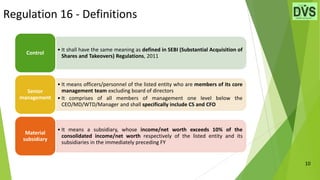 Regulation 16 - Definitions
10
• It shall have the same meaning as defined in SEBI (Substantial Acquisition of
Shares and Takeovers) Regulations, 2011
Control
• It means officers/personnel of the listed entity who are members of its core
management team excluding board of directors
• It comprises of all members of management one level below the
CEO/MD/WTD/Manager and shall specifically include CS and CFO
Senior
management
• It means a subsidiary, whose income/net worth exceeds 10% of the
consolidated income/net worth respectively of the listed entity and its
subsidiaries in the immediately preceding FY
Material
subsidiary
 