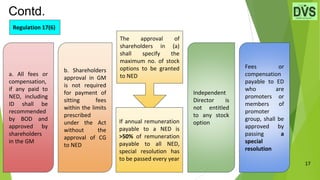 17
a. All fees or
compensation,
if any paid to
NED, including
ID shall be
recommended
by BOD and
approved by
shareholders
in the GM
Contd.
Regulation 17(6)
b. Shareholders
approval in GM
is not required
for payment of
sitting fees
within the limits
prescribed
under the Act
without the
approval of CG
to NED
Independent
Director is
not entitled
to any stock
option
Fees or
compensation
payable to ED
who are
promoters or
members of
promoter
group, shall be
approved by
passing a
special
resolution
The approval of
shareholders in (a)
shall specify the
maximum no. of stock
options to be granted
to NED
If annual remuneration
payable to a NED is
>50% of remuneration
payable to all NED,
special resolution has
to be passed every year
 
