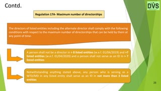 23
Contd.
Regulation 17A- Maximum number of directorships
The directors of listed entities including the alternate director shall comply with the following
conditions with respect to the maximum number of directorships that can be held by them at
any point of time-
A person shall not be a director in > 8 listed entities (w.e.f. 01/04/2019) and >7
listed entities (w.e.f. 01/04/2020) and a person shall not serve as an ID in > 7
listed entities
Notwithstanding anything stated above, any person who is serving as a
WTD/MD in any listed entity shall serve as an ID in not more than 3 listed
entities
 