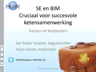 SE en BIM
  Cruciaal voor succesvole
    ketensamenwerking
           Kansen en knelpunten

Jan Pieter Eelants, dagvoorzitter
Arjan Visser, moderator

#CROWcollege en #INCOSE_NL


                   InfraTech 2013 | CROW College
 