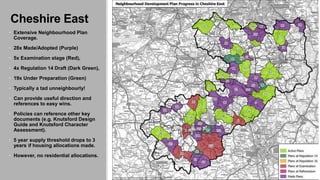 Cheshire East
• Extensive Neighbourhood Plan
Coverage.
• 28x Made/Adopted (Purple)
• 5x Examination stage (Red),
• 4x Regu...