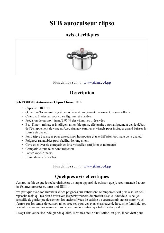Seb p4301508 autocuiseur clipso chrono 10 l