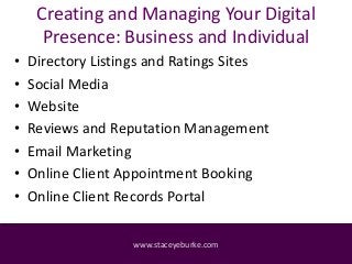 Creating and Managing Your Digital
Presence: Business and Individual
• Directory Listings and Ratings Sites
• Social Media...