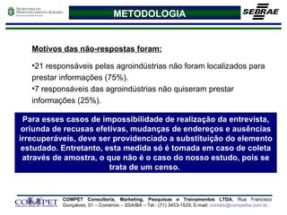 METODOLOGIA Motivos das não-respostas foram: 21 responsáveis pelas agroindústrias não foram localizados para prestar informações (75%). 7 responsáveis das agroindústrias não quiseram prestar informações (25%). Para esses casos de impossibilidade de realização da entrevista, oriunda de recusas efetivas, mudanças de endereços e ausências irrecuperáveis, deve ser providenciado a substituição do elemento estudado. Entretanto, esta medida só é tomada em caso de coleta através de amostra, o que não é o caso do nosso estudo, pois se trata de um censo.  