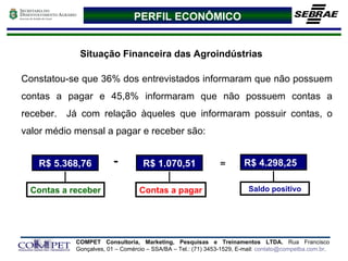 Situação Financeira das Agroindústrias Constatou-se que 36% dos entrevistados informaram que não possuem contas a pagar e 45,8% informaram que não possuem contas a receber.  Já com relação àqueles que informaram possuir contas, o valor médio mensal a pagar e receber são: PERFIL ECONÔMICO R$ 5.368,76 Contas a receber R$ 1.070,51 Contas a pagar R$ 4.298,25 Saldo positivo - = 